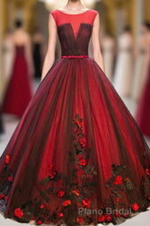Burgundy Round Neck Tulle Lace Applique Long Formal Prom Dresses, Burgundy Evening Dresses