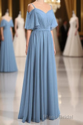 Dusty Blue Chiffon Cold-Shoulder A-Line Bridesmaid Dresses