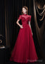 Burgundy Prom Dresses, Tulle High Neck Cap Sleeve Backless Beading Prom Dress