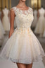 Champagne Lace Round Neck Short Formal Prom Dresses, Bridesmaid Dresses