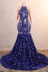 Royal Blue Mermaid Prom Dresses Sequined Lace Flowers Halter Neck Backless Long Gowns
