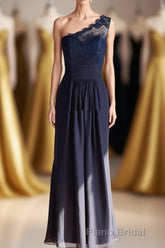 One-Shoulder Navy Blue Lace Long Bridesmaid Dresses