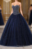 Navy Blue Ball Gown Floor Length Sweetheart Sleeveless Mid Back Formal Prom Dresses