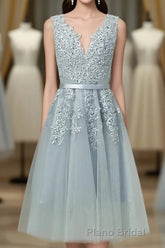 Gray A Line Lace Tulle Short Formal Prom Dresses, Homecoming Dresses