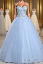 Light Blue Ball Gown Floor Length Sweetheart Strapless Sleevless Beading Formal Prom Dresses