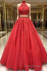 2 Pieces Tulle Lace Formal Prom Dresses, Two Pieces Evening Dresses