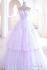 Purple Strapless Tulle Long Formal Gown, Purple A-Line Evening Dress
