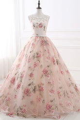Pink Floral Pattern Lace Long Prom Dress, A-Line Formal Dress