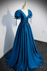Blue V-Neck Satin Long Prom Dress, Simple A-Line Evening Dress