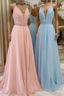 A-line V Neck Sleeveless Chiffon Sweep Train Formal Prom Dresses With Beading Pleated