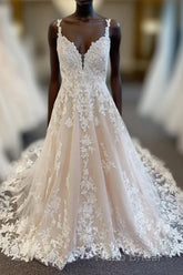 Ivory V-Neck Appliqued Long Wedding Dresses