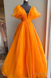Orange Organza Long A-Line Prom Dress, Beautiful V-Neck Evening Dress