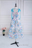 Blue and White Floral Bow Tie Straps A-line Tea-Length Formal Prom Dresses