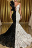 Hot Half Black Half White One shoulder Long Sleeves Mermaid Formal Prom Dresses