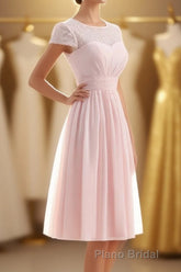 Princess Pink Chiffon and Lace Short Sleeves Bridesmaid Dresses