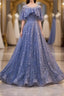 Unique Round Neck Tulle Lace Long Formal Prom Dress, Blue Lace Evening Dress