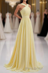 Cross Front Yellow Pleated Chiffon Long Bridesmaid Dresses