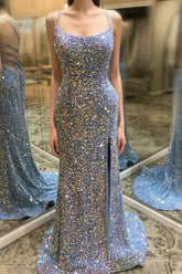 Double Straps Lace-Up Sequins Long Formal Prom Dress with Slit