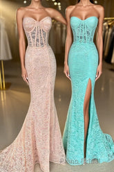 Mint Green Lace Strapless Mermaid  Long Formal Prom Dresses with Slit