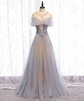 Gray Tulle Lace Long Prom Dress, Gray Tulle Formal Dress, 3