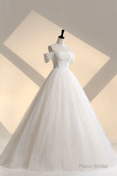 Ivory Tulle Off the Shoulder Formal Gown, Elegant A-Line Wedding Dress