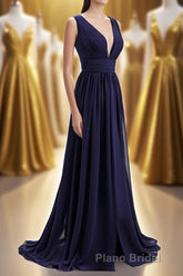 Empire Navy Blue Chiffon A-line Long Bridesmaid Dresses