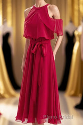Red Chiffon Cold Sleeves Short Ruffles Bridesmaid Dresses