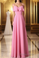 Pink Chiffon Straps Ruffled A-Line Long Bridesmaid Dresses