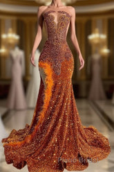 Mermaid Style Burnt Orange Sequins Formal Prom Dress with Side Slit Long Length Beadings and Feathers