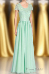 Sage Green Lace and Chiffon Cap Sleeve A-Line Long Bridesmaid Dresses
