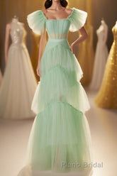 Mint Green Flare Sleeves Ruffles Long Party Dresses