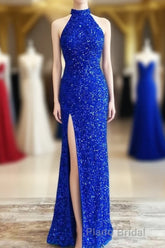 Blue Sequin Halter Long Prom Dresses with Slit