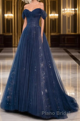 A-Line Off Shoulder Tulle Lace Dark Blue Long Formal Prom Dresses, Dark Blue Long Evening Dresses