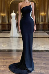 Black One Shoulder Pearl Beadings Mermaid Long Evening Dress