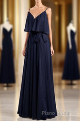 Black Chiffon V-Neck Ruffled A-Line Long Bridesmaid Dresses