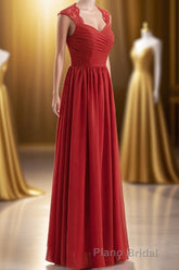 Elegant Red Chiffon Pleated A-line Long Bridesmaid Dresses