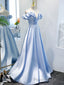 Blue A Line Off Shoulder Long Formal Prom Dresses, Blue Evening Dresses