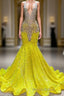 Yellow V-Neck Sleeveless Mermaid Formal Prom Dresses Featuring Beadings and Sequins