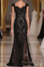 Black Off The Shoulder Sheath Formal Prom Dresses Lace&Tulle Floor Length With Applique & Slit