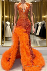 Orange Sleeveless Mermaid Formal Prom Dress with Side Slit and Tulle Beadings
