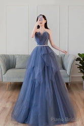 Blue Sweetheart Neck Tulle Long Prom Dress Blue Tulle Formal Dress