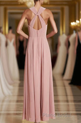 Dusty Pink Twist-Front Backless Long Prom Dresses