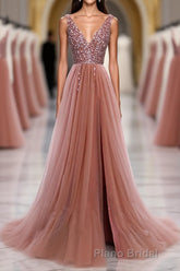 Pink V Neck Tulle Sequin Long Formal Prom Dresses, Pink Prom Dresses