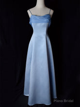 Vintage Blue Satin Spaghetti Straps Gown Elegant Dress