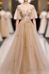 Champagne Round Neck Tulle Lace Long Formal Prom Dresses, Prom Dresses
