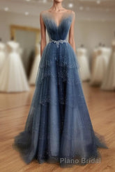 Gray Blue Tulle Beads Long Formal Prom Dresses, Blue Tulle Prom Dresses