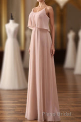 Blush Pink Spaghetti Strap Ruffled Long Bridesmaid Dresses
