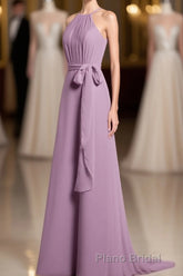 Dusty Purple Halter Keyhole Back Long Bridesmaid Dresses