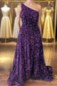 Purple Sequin One-Shoulder Backless A-Line Long Formal Prom Dresses