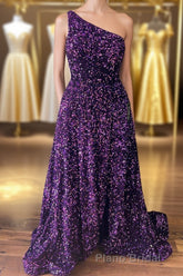 Purple Sequin One-Shoulder Backless A-Line Long Formal Prom Dresses